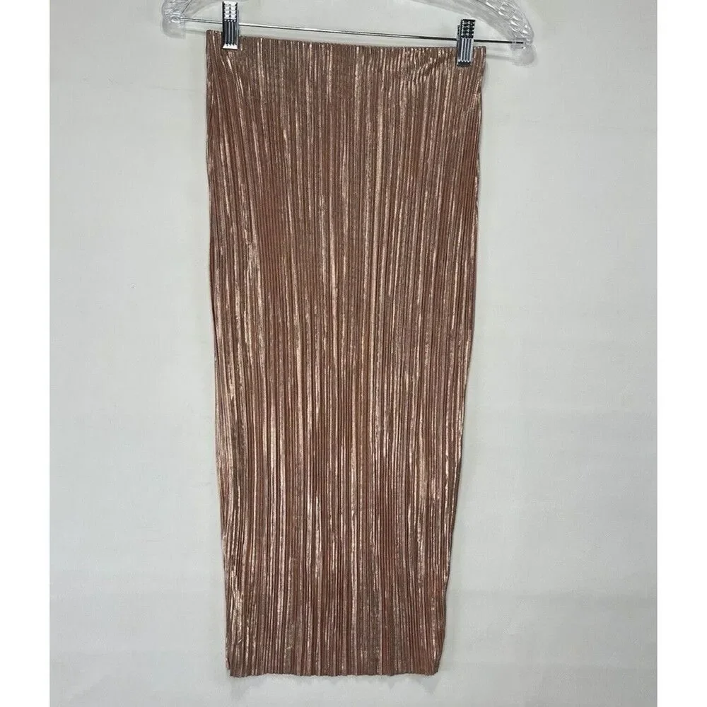 Women Metallic Golden Midi Skirt Size 4 Pleated Stretch